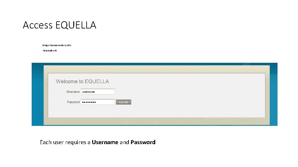Access EQUELLA Using a browser enter a URL: <example url> Each user requires a