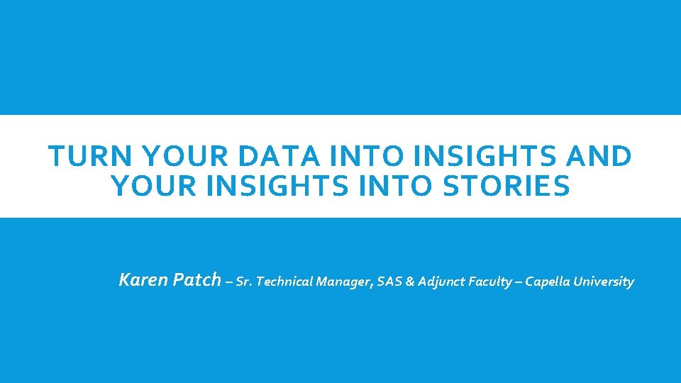 TURN YOUR DATA INTO INSIGHTS AND YOUR INSIGHTS INTO STORIES Karen Patch – Sr.