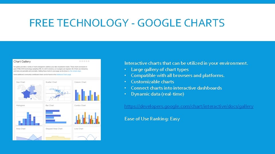 FREE TECHNOLOGY - GOOGLE CHARTS Interactive charts that can be utilized in your environment.