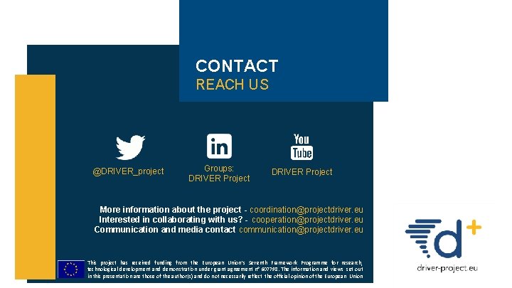 CONTACT REACH US @DRIVER_project Groups: DRIVER Project More information about the project - coordination@projectdriver.