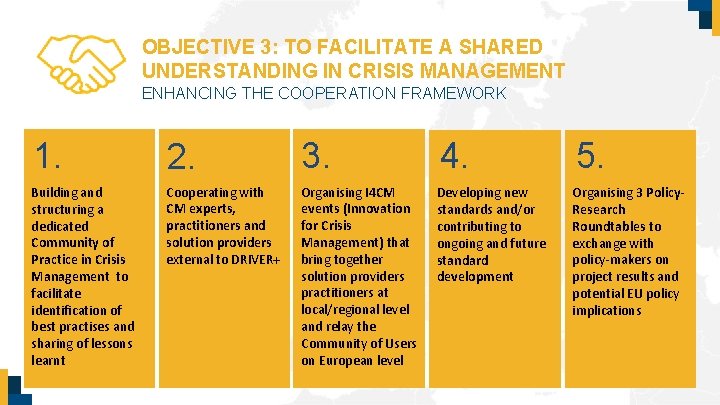 OBJECTIVE 3: TO FACILITATE A SHARED UNDERSTANDING IN CRISIS MANAGEMENT ENHANCING THE COOPERATION FRAMEWORK