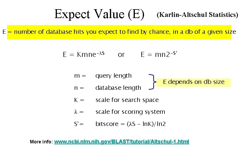 Expect Value (E) (Karlin-Altschul Statistics) E = number of database hits you expect to