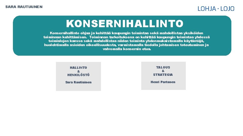 SARA RAUTIAINEN KONSERNIHALLINTO Konsernihallinto ohjaa ja kehittää kaupungin toimintaa sekä mahdollistaa yksiköiden toiminnan kehittämisen.