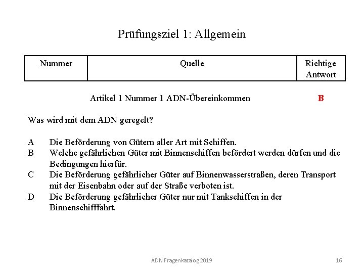 Prüfungsziel 1: Allgemein Nummer 110 01. 0 -16 Quelle Artikel 1 Nummer 1 ADN-Übereinkommen