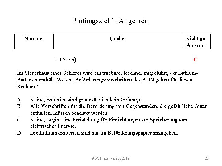 Prüfungsziel 1: Allgemein Nummer 110 01. 0 -20 Quelle Richtige Antwort C 1. 1.