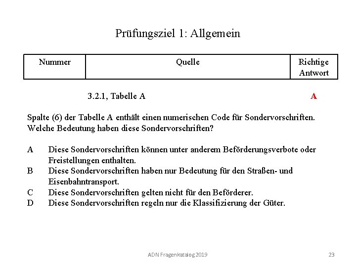 Prüfungsziel 1: Allgemein Nummer 110 01. 0 -23 Quelle 3. 2. 1, Tabelle A