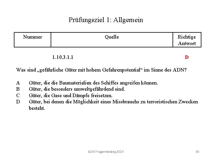 Prüfungsziel 1: Allgemein Nummer 110 01. 0 -30 Quelle Richtige Antwort D 1. 10.