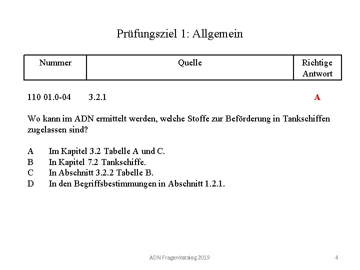 Prüfungsziel 1: Allgemein Nummer 110 01. 0 -04 Quelle Richtige Antwort A 3. 2.