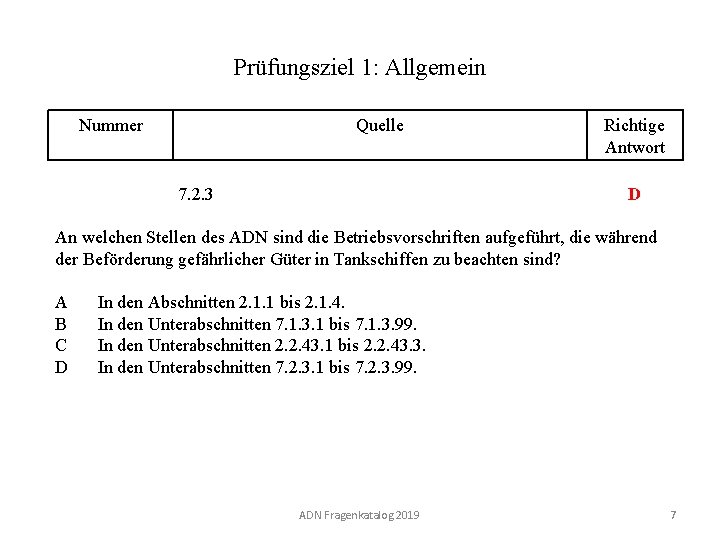 Prüfungsziel 1: Allgemein Nummer 110 01. 0 -07 Quelle Richtige Antwort D 7. 2.