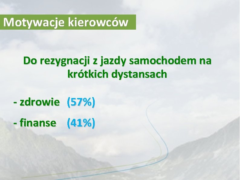 Motywacje kierowców Do rezygnacji z jazdy samochodem na krótkich dystansach - zdrowie (57%) -