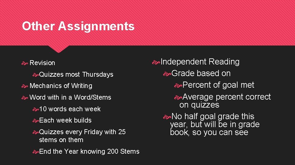 Other Assignments Revision Quizzes most Thursdays Mechanics of Writing Word with in a Word/Stems