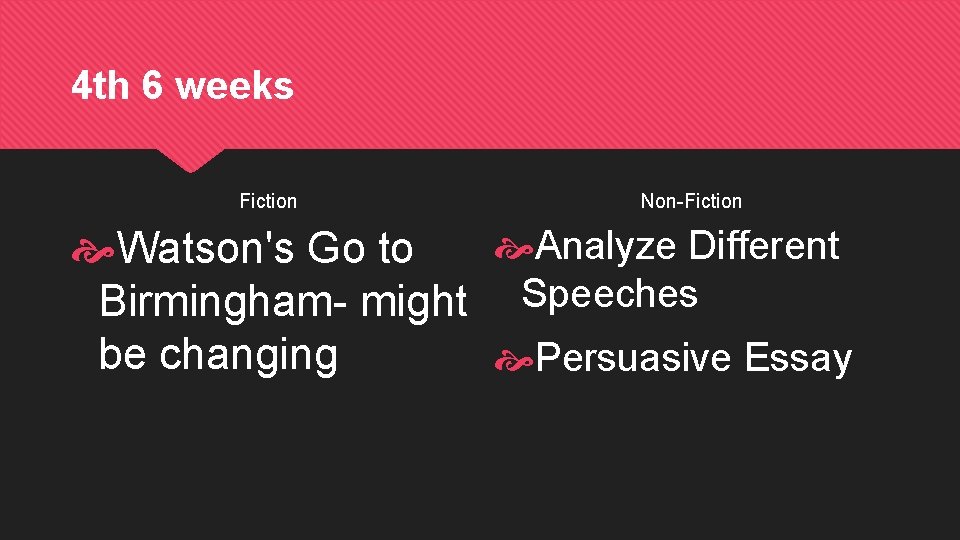 4 th 6 weeks Fiction Non-Fiction Analyze Different Watson's Go to Birmingham- might Speeches
