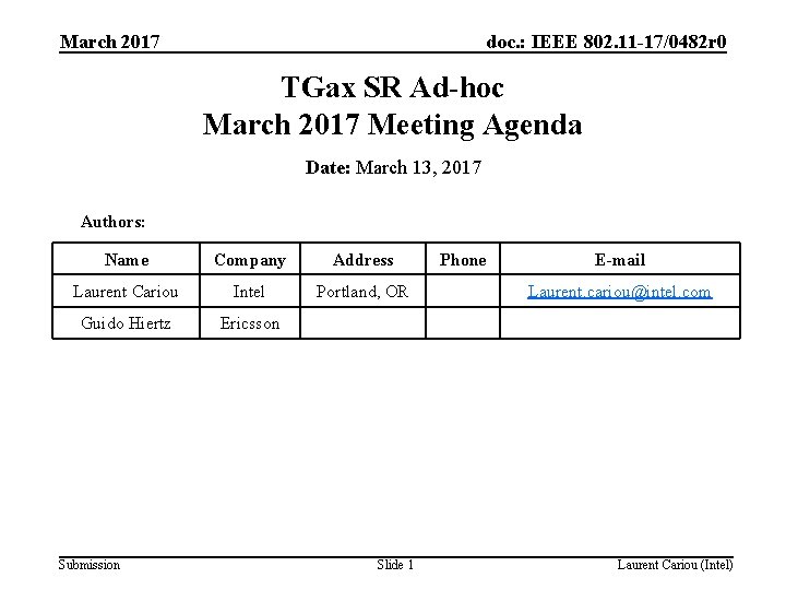 March 2017 doc. : IEEE 802. 11 -17/0482 r 0 TGax SR Ad-hoc March