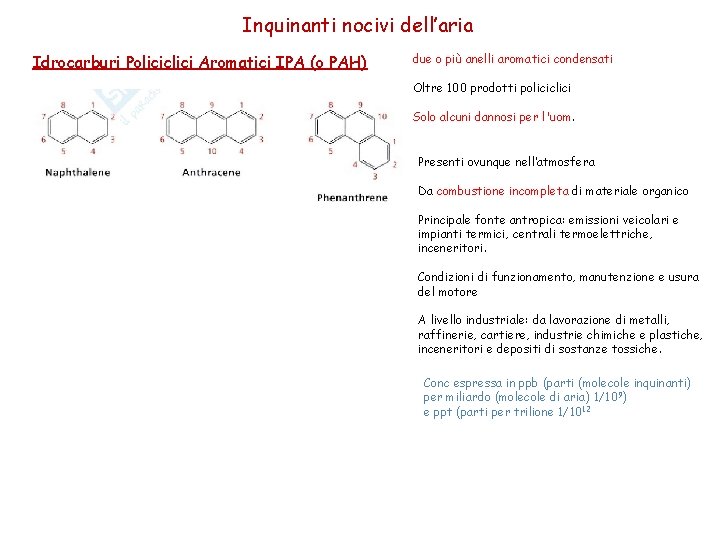 Inquinanti nocivi dell’aria Idrocarburi Policiclici Aromatici IPA (o PAH) due o più anelli aromatici
