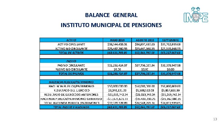 BALANCE GENERAL INSTITUTO MUNICIPAL DE PENSIONES 13 