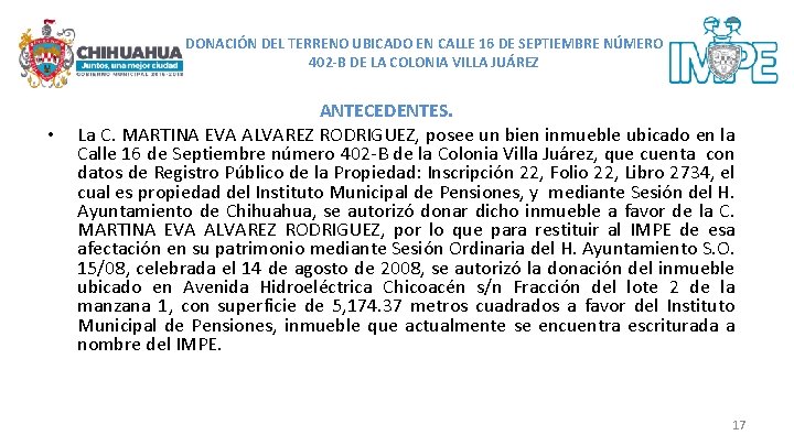 DONACIÓN DEL TERRENO UBICADO EN CALLE 16 DE SEPTIEMBRE NÚMERO 402 -B DE LA