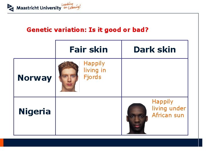 Genetic variation: Is it good or bad? Fair skin Norway Nigeria Dark skin Happily