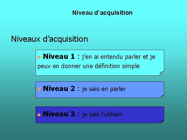 Niveau d’acquisition Niveaux d’acquisition n Niveau 1 : j’en ai entendu parler et je