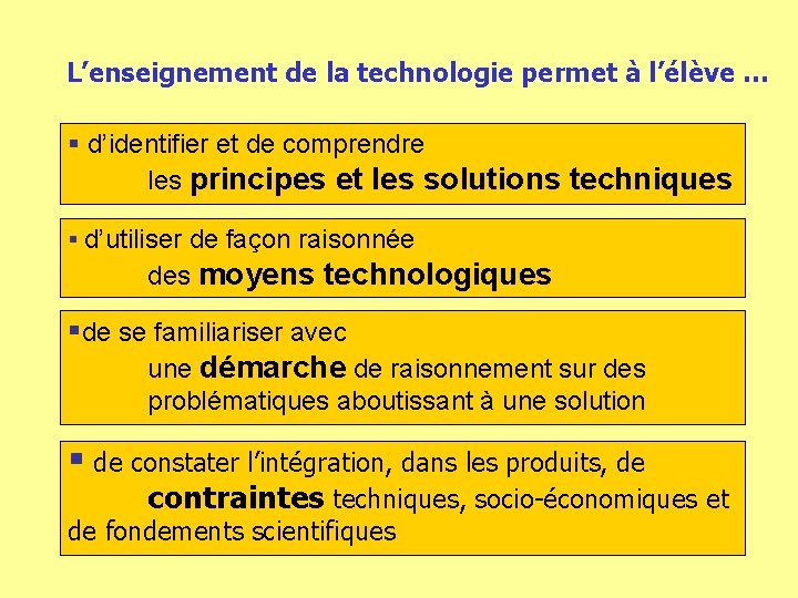 L’enseignement de la technologie permet à l’élève … § d’identifier et de comprendre les