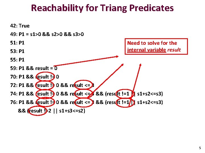 Reachability for Triang Predicates 42: True 49: P 1 = s 1>0 && s