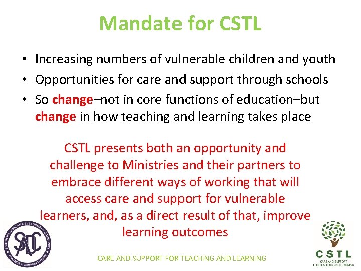Mandate for CSTL • Increasing numbers of vulnerable children and youth • Opportunities for
