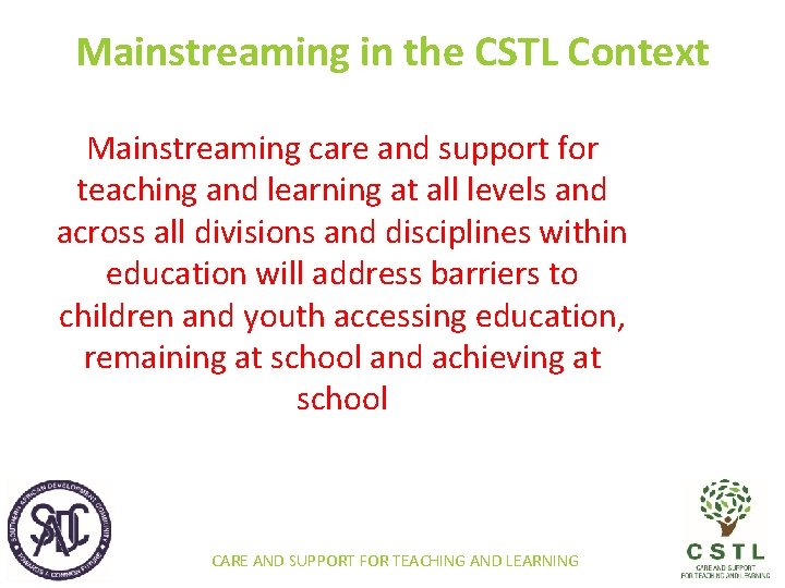 Mainstreaming in the CSTL Context Mainstreaming care and support for teaching and learning at
