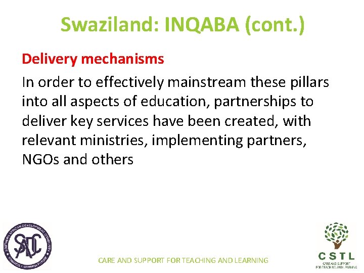 Swaziland: INQABA (cont. ) Delivery mechanisms In order to effectively mainstream these pillars into
