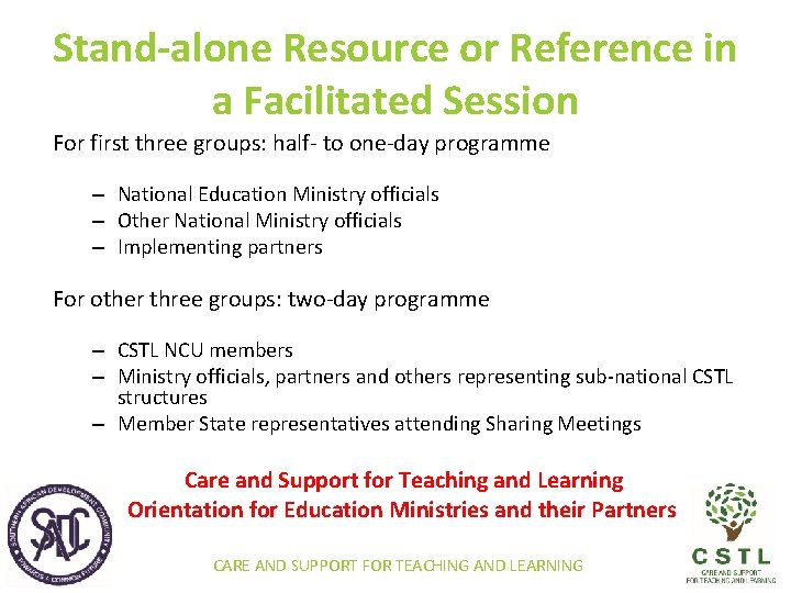 Stand-alone Resource or Reference in a Facilitated Session For first three groups: half- to