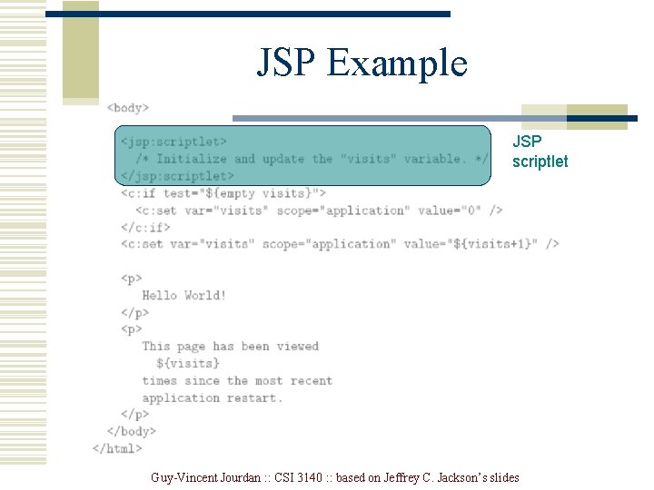 JSP Example JSP scriptlet Guy-Vincent Jourdan : : CSI 3140 : : based on
