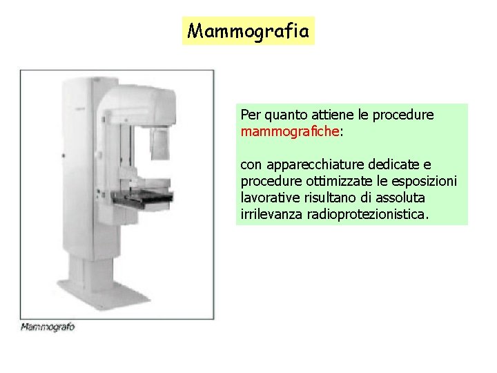 Mammografia Per quanto attiene le procedure mammografiche: con apparecchiature dedicate e procedure ottimizzate le