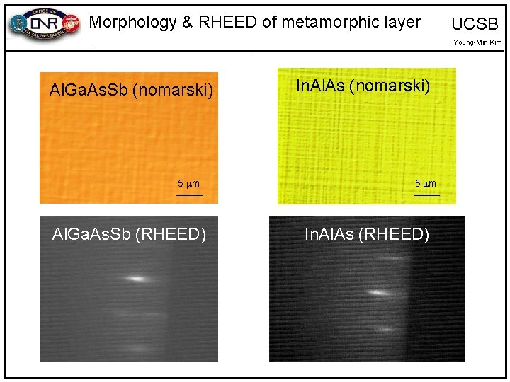 Morphology & RHEED of metamorphic layer UCSB Young-Min Kim Al. Ga. As. Sb (nomarski)