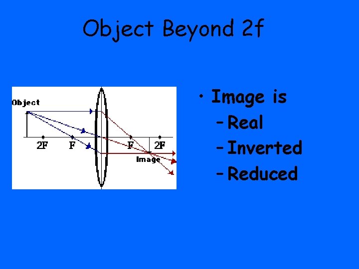 Object Beyond 2 f • Image is – Real – Inverted – Reduced 