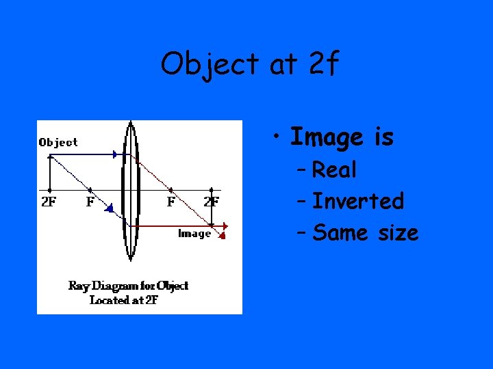 Object at 2 f • Image is – Real – Inverted – Same size