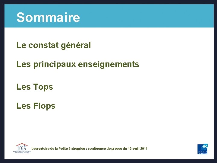 Sommaire Le constat général Les principaux enseignements Les Tops Les Flops Observatoire de la