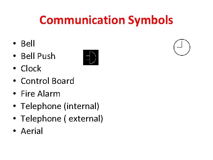 Communication Symbols • • Bell Push Clock Control Board Fire Alarm Telephone (internal) Telephone