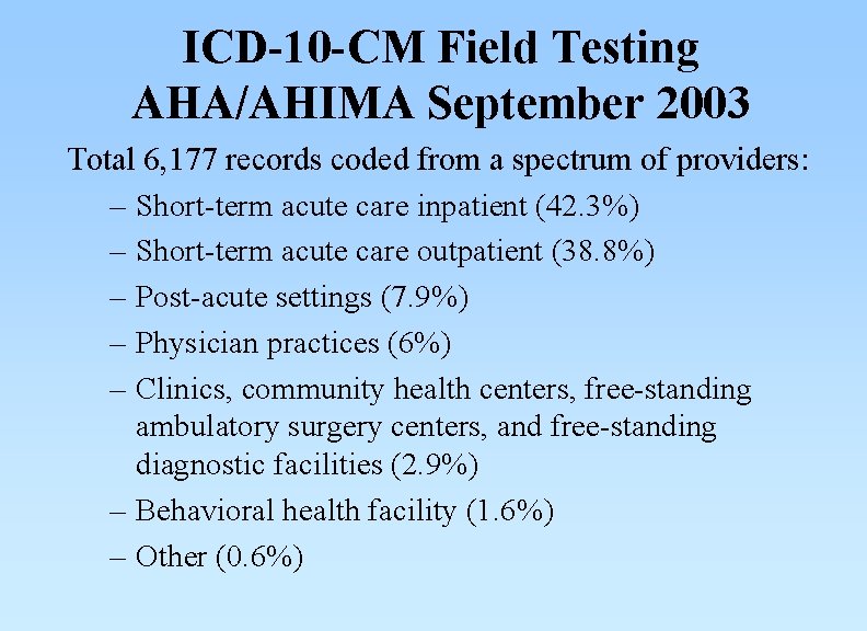 ICD-10 -CM Field Testing AHA/AHIMA September 2003 Total 6, 177 records coded from a