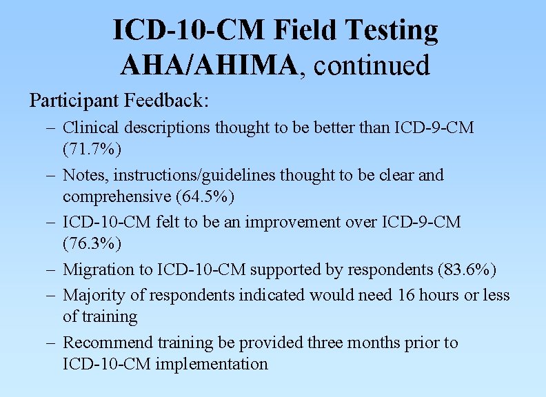 ICD-10 -CM Field Testing AHA/AHIMA, continued Participant Feedback: – Clinical descriptions thought to be