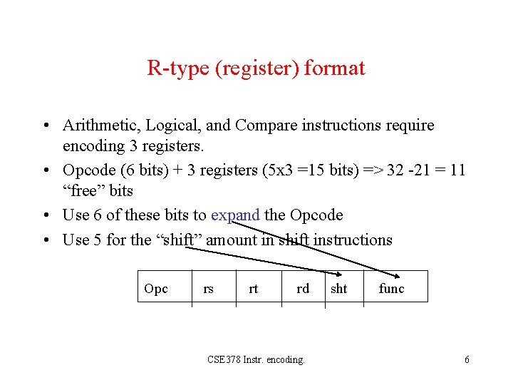 R-type (register) format • Arithmetic, Logical, and Compare instructions require encoding 3 registers. •