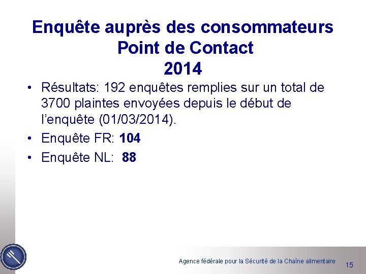 Enquête auprès des consommateurs Point de Contact 2014 • Résultats: 192 enquêtes remplies sur