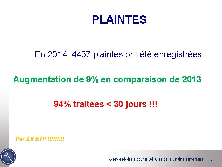 PLAINTES En 2014, 4437 plaintes ont été enregistrées. Augmentation de 9% en comparaison de