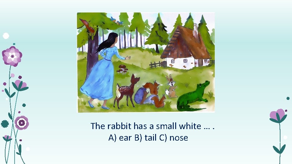 The rabbit has a small white …. А) ear B) tail C) nose 