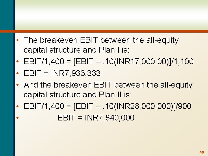  • The breakeven EBIT between the all-equity capital structure and Plan I is: