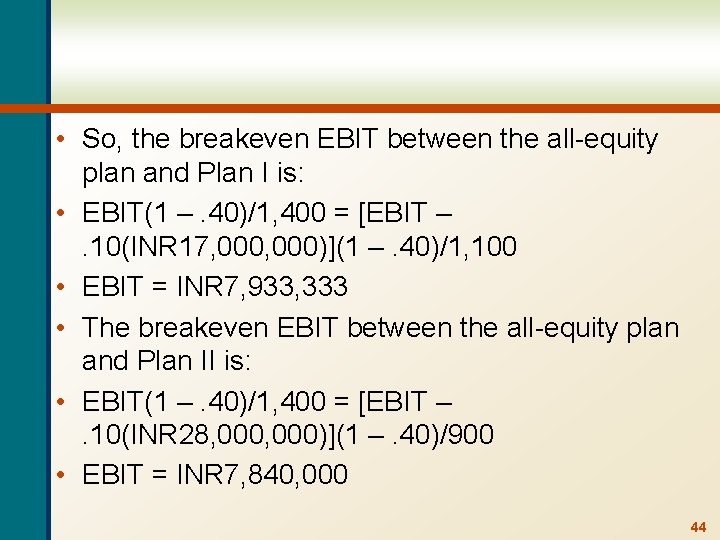  • So, the breakeven EBIT between the all-equity plan and Plan I is: