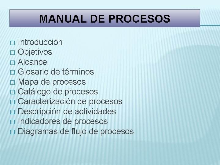 MANUAL DE PROCESOS Introducción � Objetivos � Alcance � Glosario de términos � Mapa