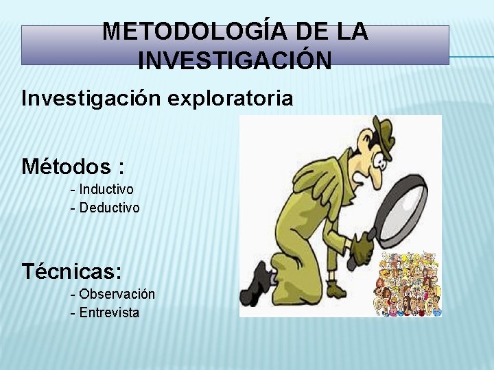 METODOLOGÍA DE LA INVESTIGACIÓN Investigación exploratoria Métodos : - Inductivo - Deductivo Técnicas: -