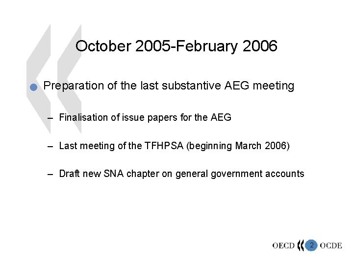 October 2005 -February 2006 n Preparation of the last substantive AEG meeting – Finalisation