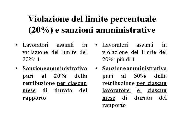 Violazione del limite percentuale (20%) e sanzioni amministrative • Lavoratori assunti in violazione del