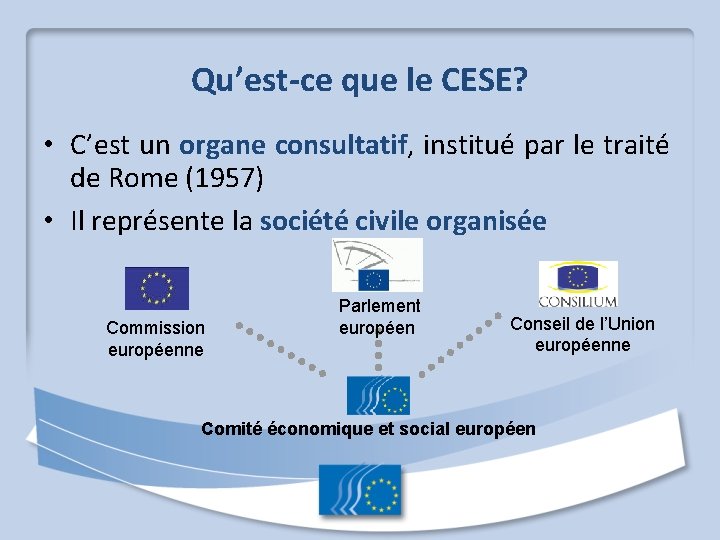 Qu’est-ce que le CESE? • C’est un organe consultatif, institué par le traité de