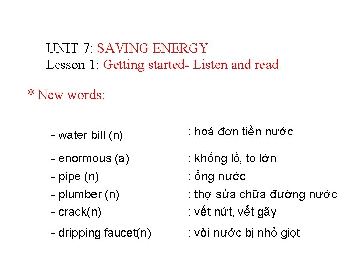 UNIT 7: SAVING ENERGY Lesson 1: Getting started- Listen and read * New words: