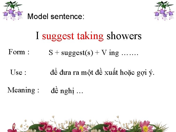 Model sentence: I suggest taking showers Form : S + suggest(s) + V ing